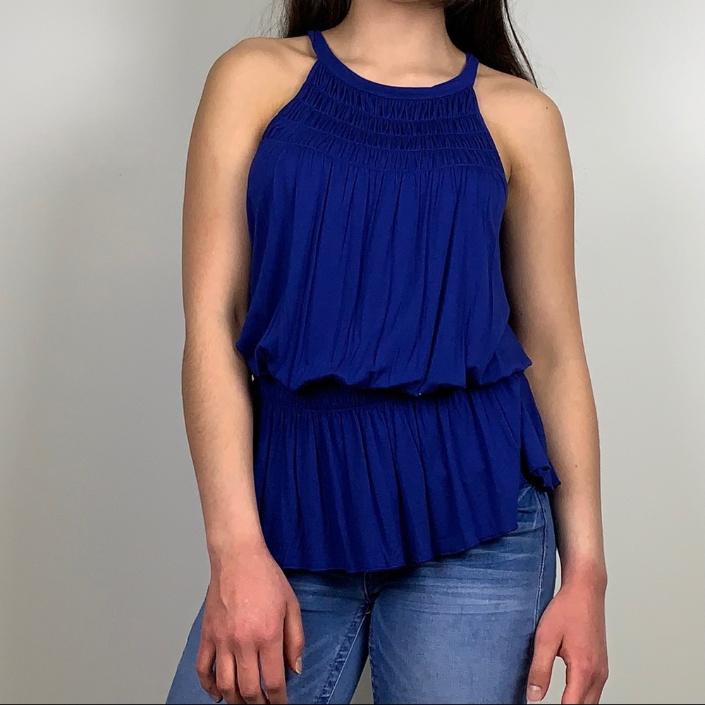 Willi Smith Blue Halter Smocked Keyhole Tank Top